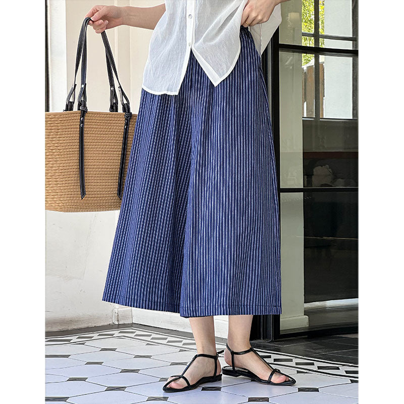 2025 popular summer new elastic high waist loose casual wide leg pants fashion versatile striped pants 24126-1