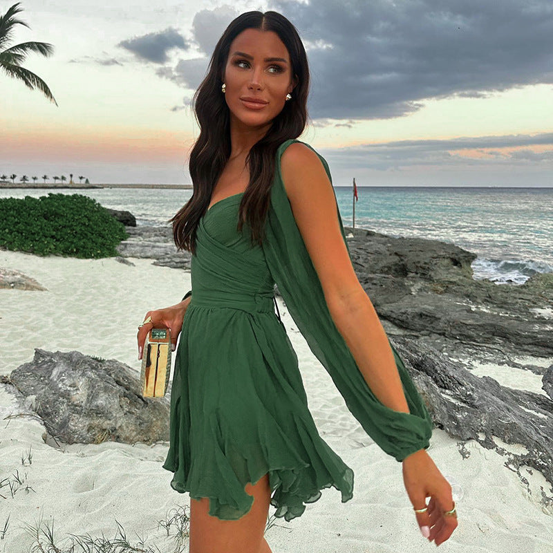 2025 D24DS067 2025 women's clothing summer new solid color casual mesh long-sleeved straps backless slim short dress