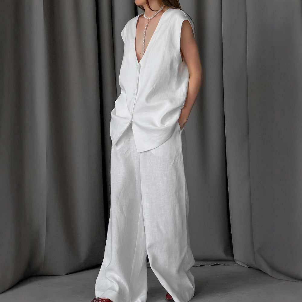2025 White V-neck cotton and linen sleeveless vest vest trousers set spring and summer fashion new two-piece set for women