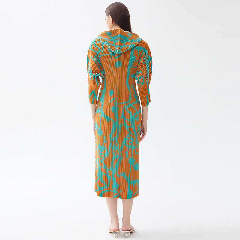 2025 spring casual print coat women's spring long-sleeved single-breasted skirt high-end hooded dress women