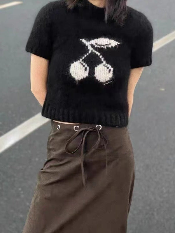 2025 24 years old early spring new mohair cherry jacquard pullover short-sleeved knitted sweater slim and thin short sweater women