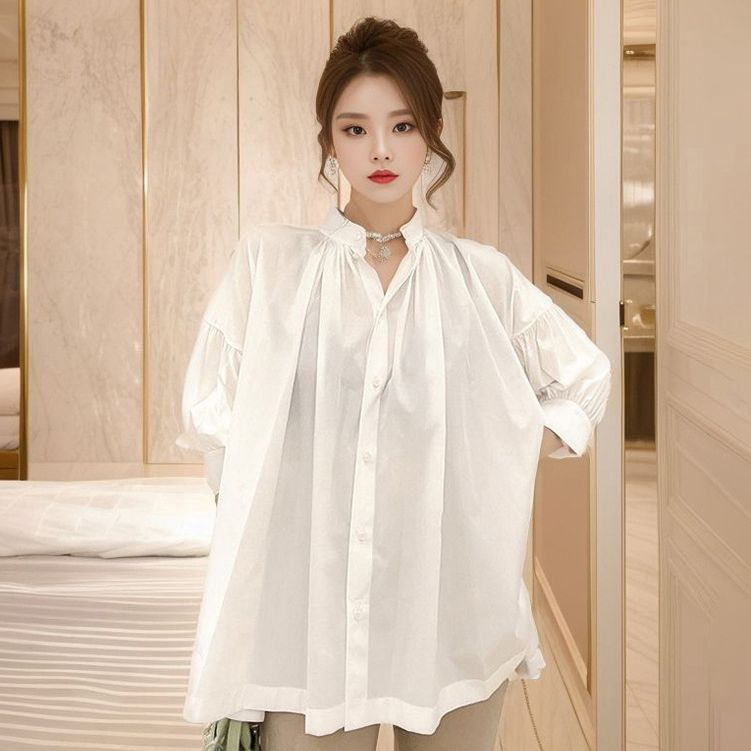 Small white shirt women's design niche top spring and summer new bubble sleeve shirt L1077
