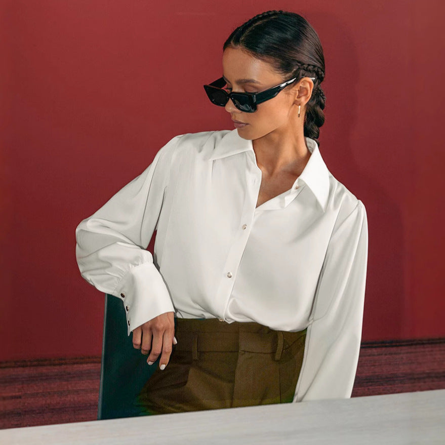 2025 white chiffon temperament lapel commuter professional shirt spring and summer fashion new women's top