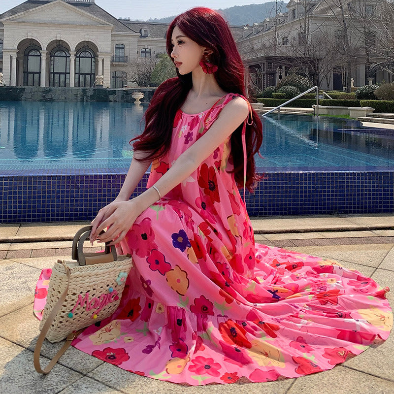 2025 Seaside vacation wind romantic pink suspender dress women's summer new printed beach loose dopamine long skirt