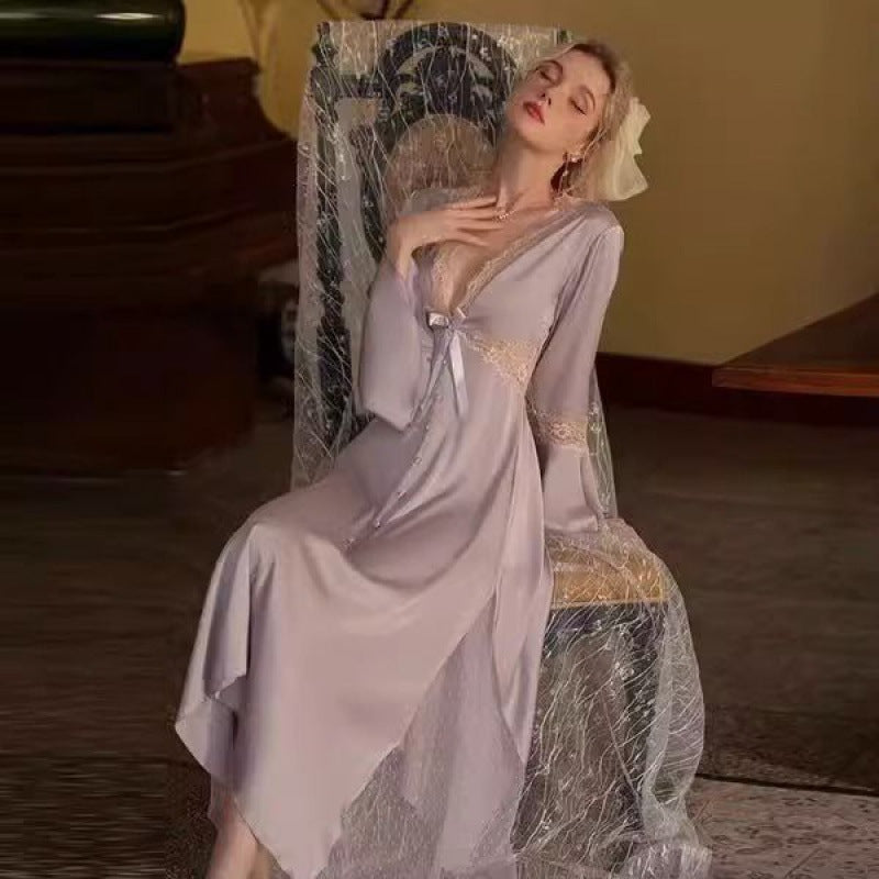 2025 New gentle wind nightdress women's spring and summer with chest pad ice silk lace bow loungewear women
