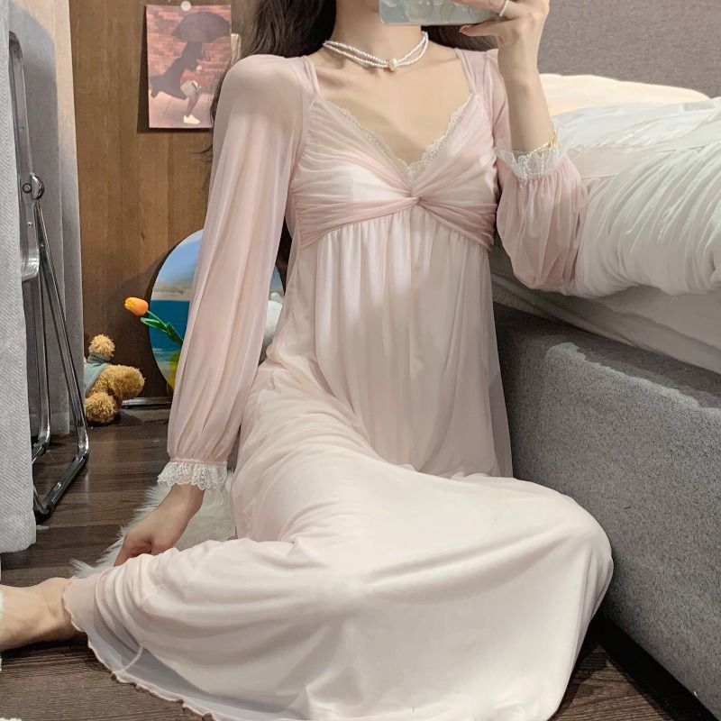 2025 Lace mesh princess style nightdress women's spring new sweet long loungewear pajama skirt with chest pad
