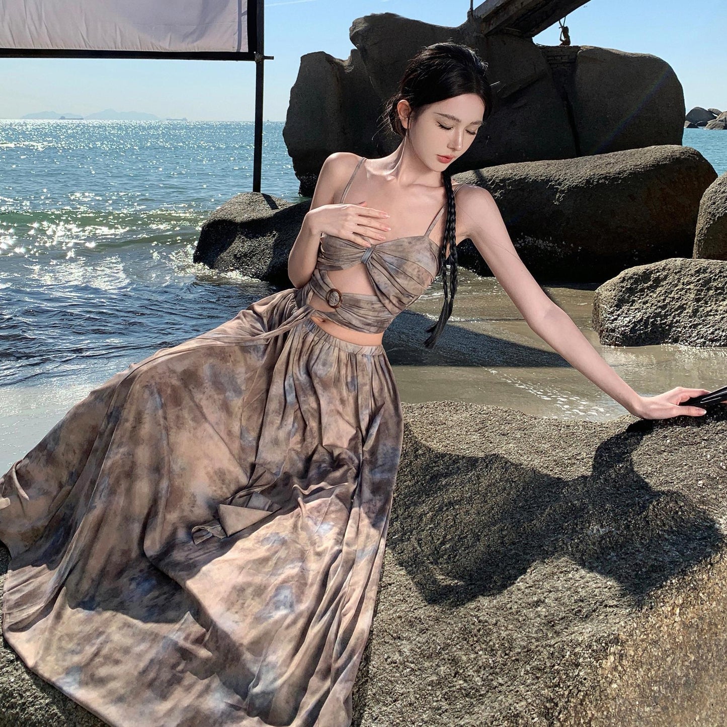 2025 New Chinese ink smudge skirt set women's summer design sense suspender tube top skirt long dress two-piece dress