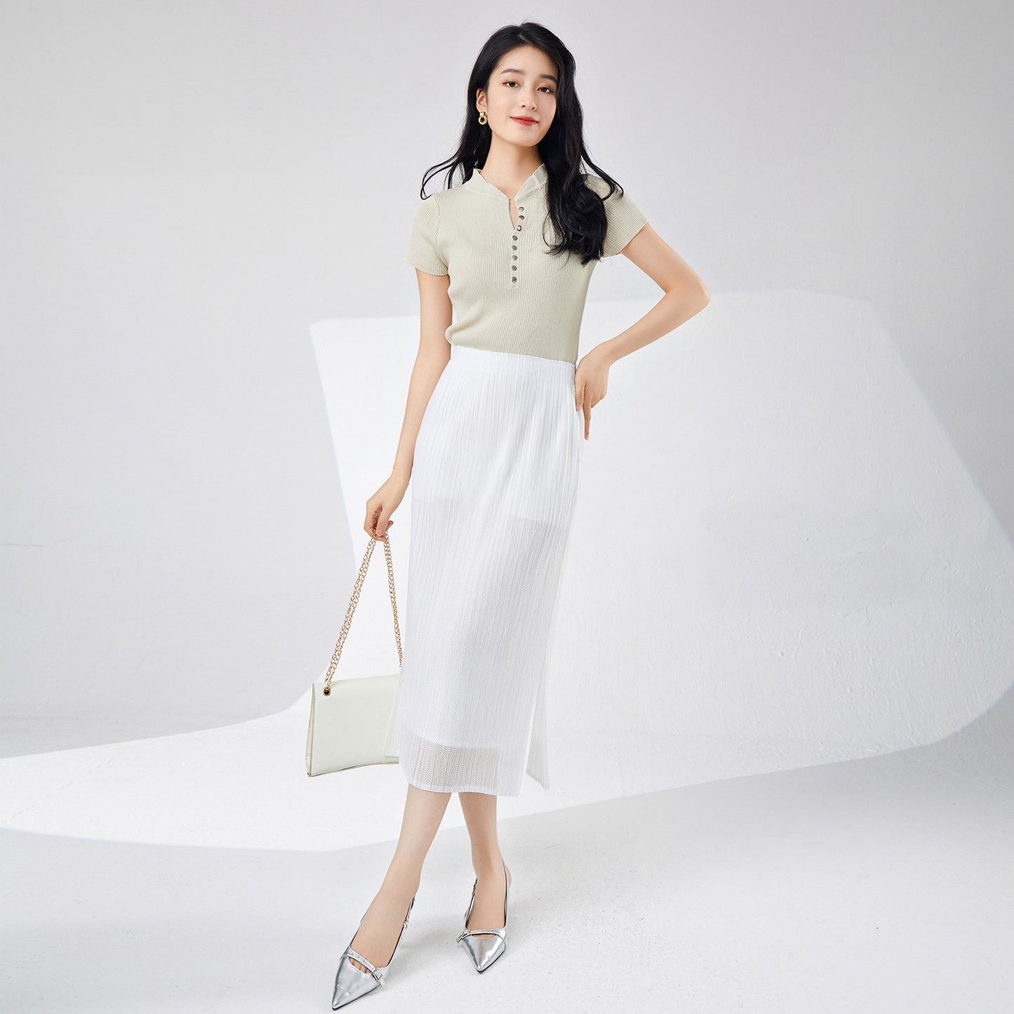 White skirt women's spring and summer new mesh double-layer breathable advanced sense split temperament pleated one-step hip-wrap skirt