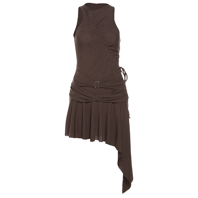 2025 style popular summer new women's clothing fashion solid color sexy sleeveless waist diagonal edge dress women
