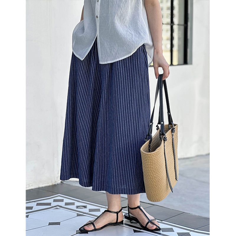 2025 popular summer new elastic high waist loose casual wide leg pants fashion versatile striped pants 24126-1