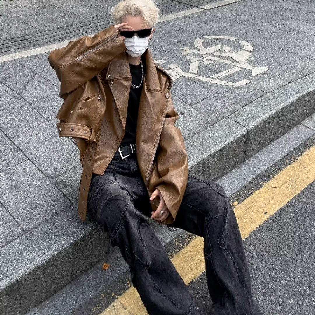 sanyamk masculine men Shoulder Pad Motorcycle Clothing Leather Coat Autumn High-Grade Short Men's Coat American Fashion Loose PU Leather Jacket