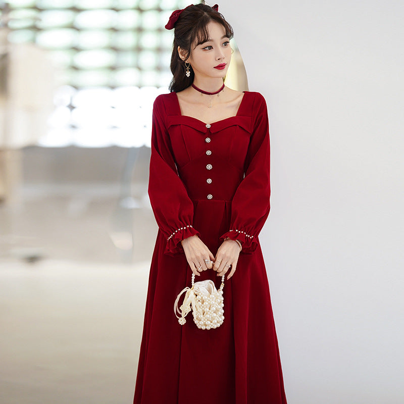 2025 Large size toast spring and summer long-sleeved burgundy waist thin engagement wedding dress thank you banquet evening dress