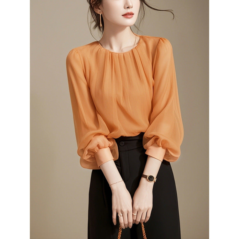 2025 spring clothes new this year popular chiffon beautiful seven-quarter sleeve orange small top women's summer temperament shirt