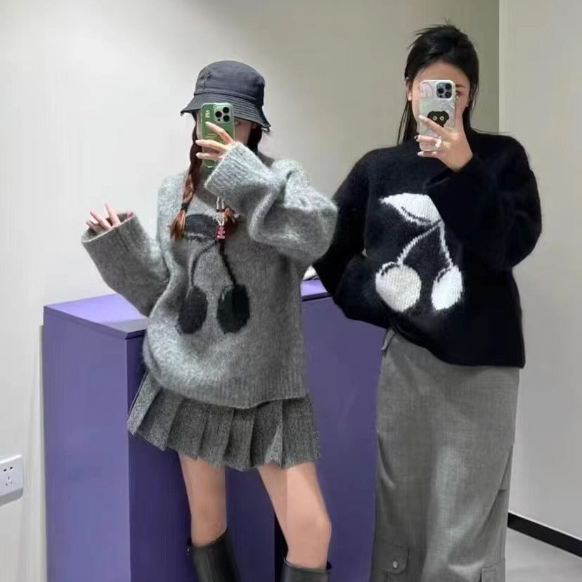 2025 Autumn and winter new mohair cherry jacquard lazy wind loose round neck long sleeve knitted sweater women's sweater top