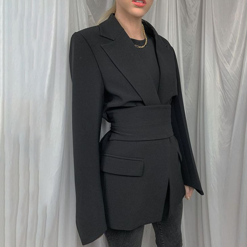 2025 hot-selling fashion casual suit women's summer new solid color long-sleeved cardigan strap waist jacket