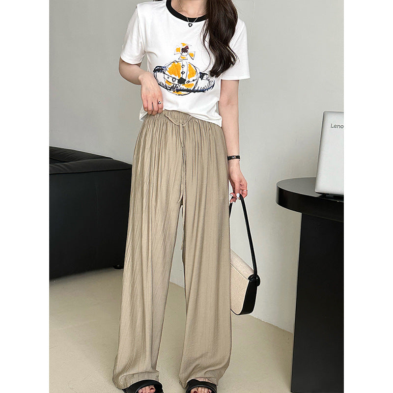 2025 popular spring Korean casual pants elastic waist thin straight drape wide legs mopping loose trousers 7392
