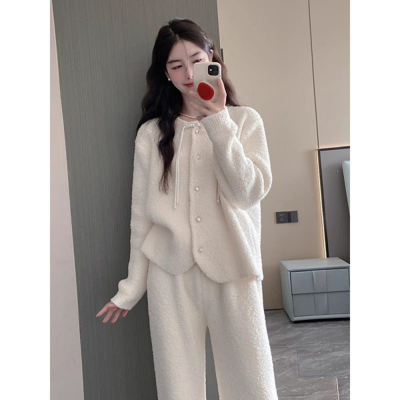 2025 Pajamas women's autumn and winter half-edge velvet new models can be worn outside, loungewear sets are soft and advanced, warm and thicker