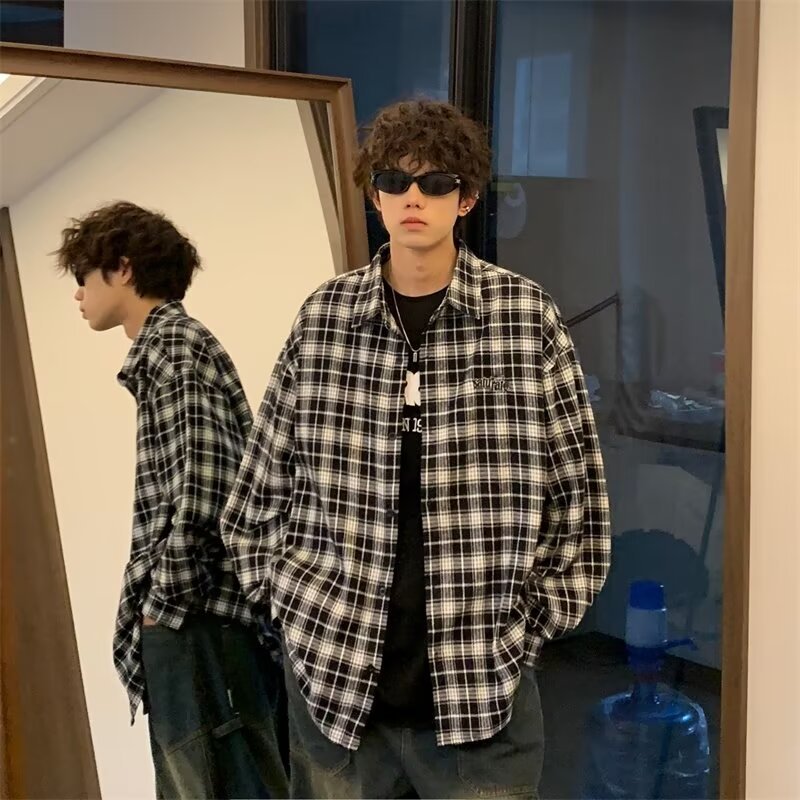 sanyamk frat outfits Autumn 2024 New Long Sleeve Plaid Shirt Boys Trendy American Couple Spring and Autumn Loose Shirt Jacket