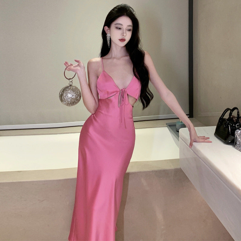 2025 Romantic Pink Hollow Acetate Satin Suspender Dress Women's Summer Vacation Wind Fishtail Dress Light Dress