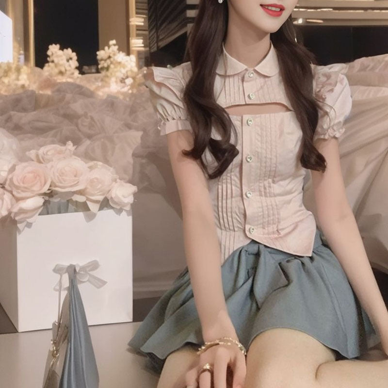 Summer new doll collar short-sleeved hollow shirt top gray bow pleated skirt set L4107
