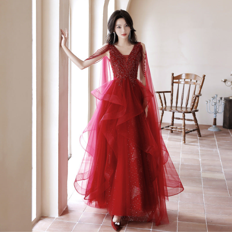 2025 Red evening dress female super fairy veil spring and summer V-neck toasting clothes new bridal toasting clothes wedding dress