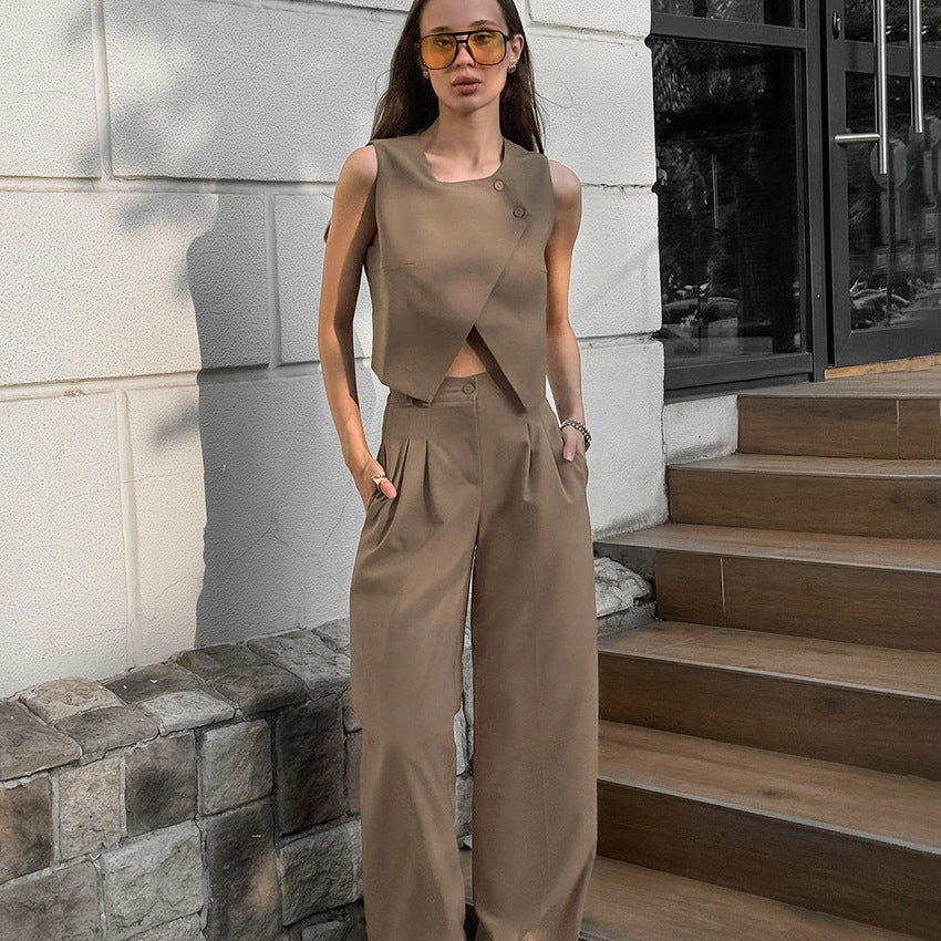2025 casual khaki fashion temperament sleeveless vest trousers set spring and summer versatile high waist two-piece set women