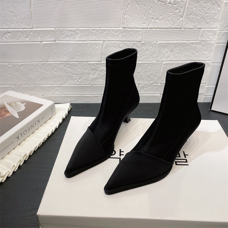 2025 Trendy brand 2025 style satin sleeve pointed short boots women's popular autumn and winter new thin heel elastic boots short thin boots