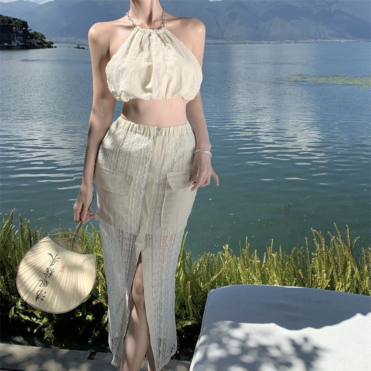 2025 New Chinese Spice Girl Sexy Pure Desire Suit Female Summer Sanya Tourism Seaside Vacation Neck Dress Super Immortal