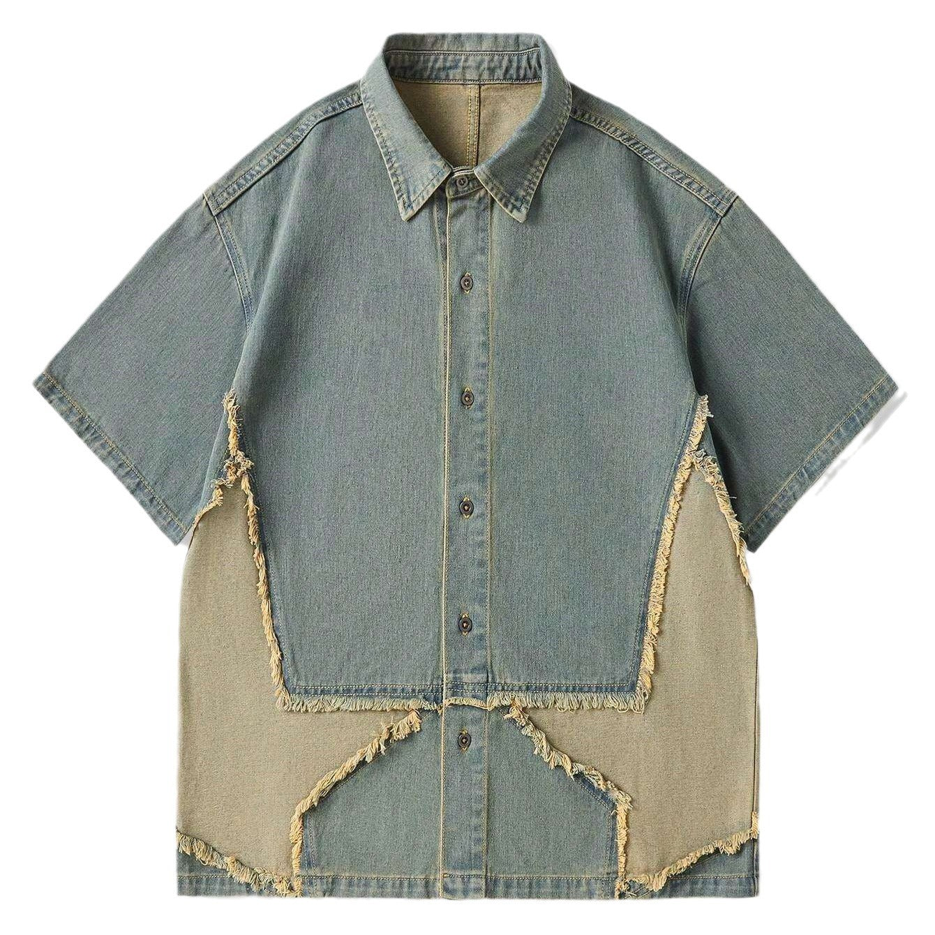 sanyamk 90s fashion men Frayed Star Patch Embroidered Short-Sleeved Men's Shirt Summer American Street Wash Polo Collar Button Cardigan Shirt