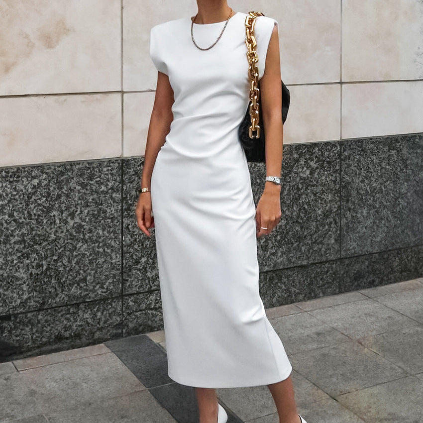 2025 classic temperament, white round neck slim-fitting sleeveless commuter split-ended dress, spring and summer fashion women's long dress