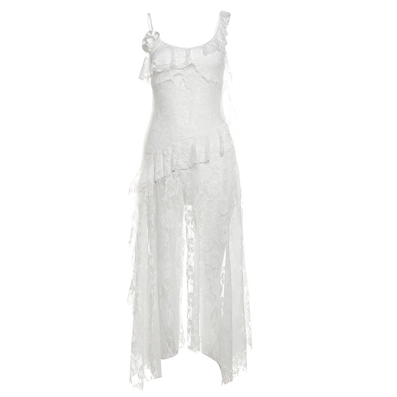 2025 style popular summer new women's clothing floral lace hollow perspective slit suspender dress