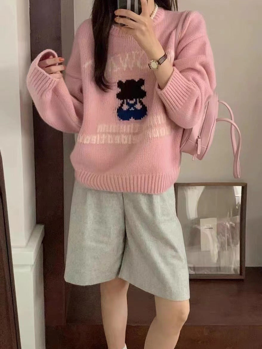 2025 Autumn and winter new wool-blend sweater bear jacquard round neck lazy wind pullover sweater sweet top 31599