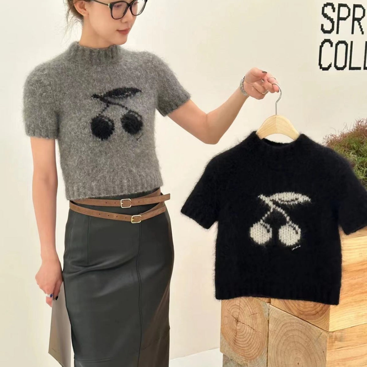 2025 24 years old early spring new mohair cherry jacquard pullover short-sleeved knitted sweater slim and thin short sweater women