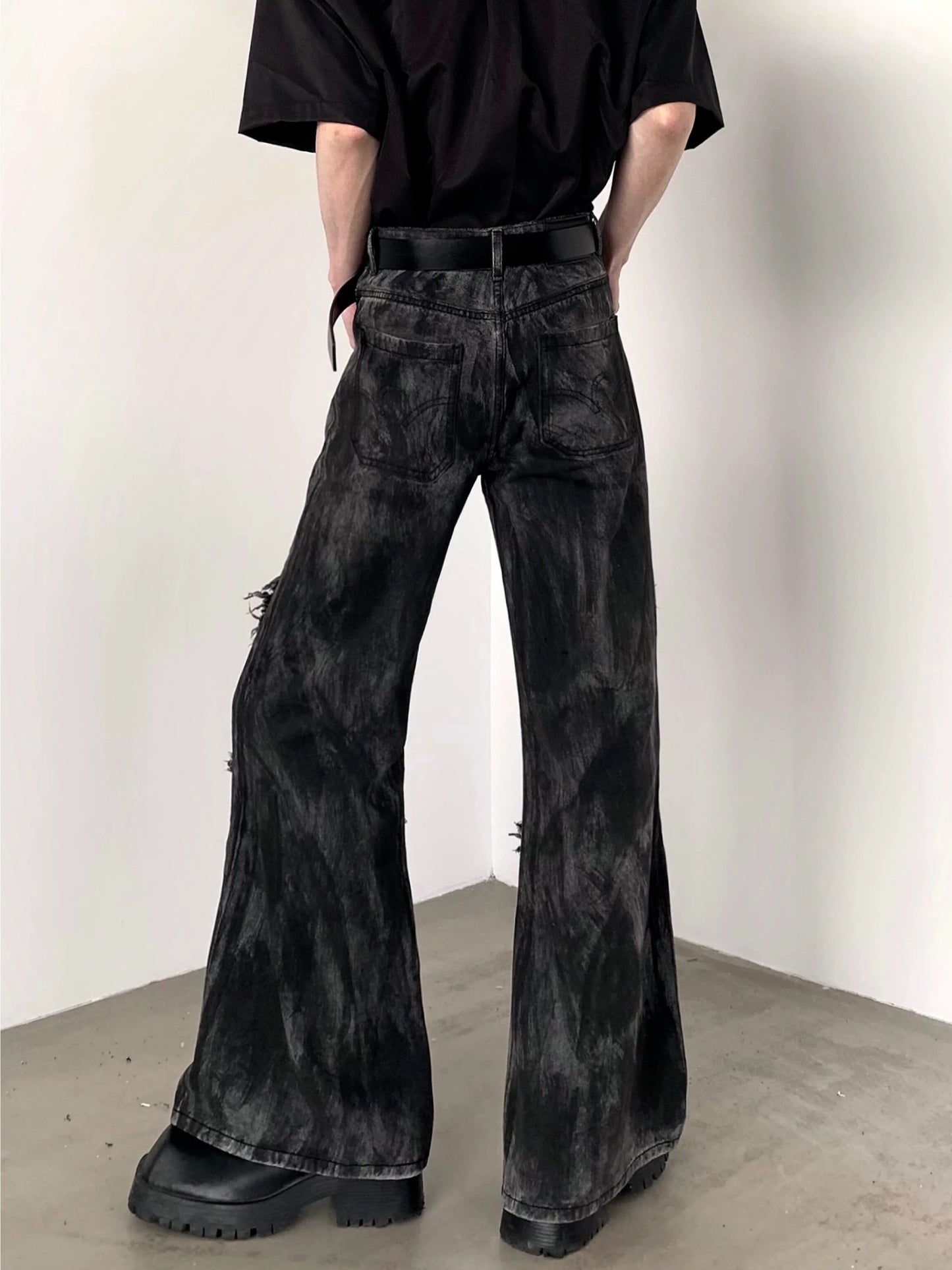 sanyamk Autumn Streetwear Dark High Waist Denim Slightly Flared Pants