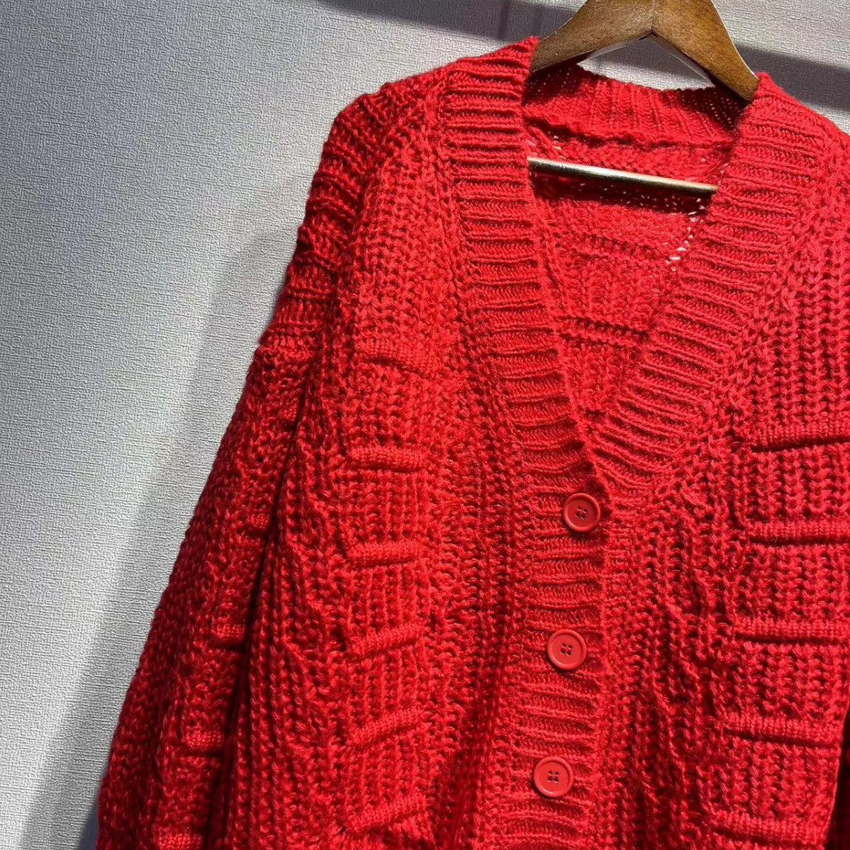 2025 Red sweater women's winter 24 New Year's sweater red V-neck loose lazy wind wool knitted cardigan jacket women