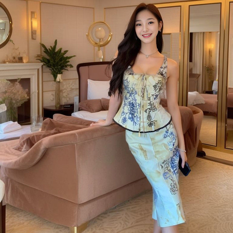 Summer new temperament printed suspender set high waist hip fish tail skirt skirt two-piece set L5150