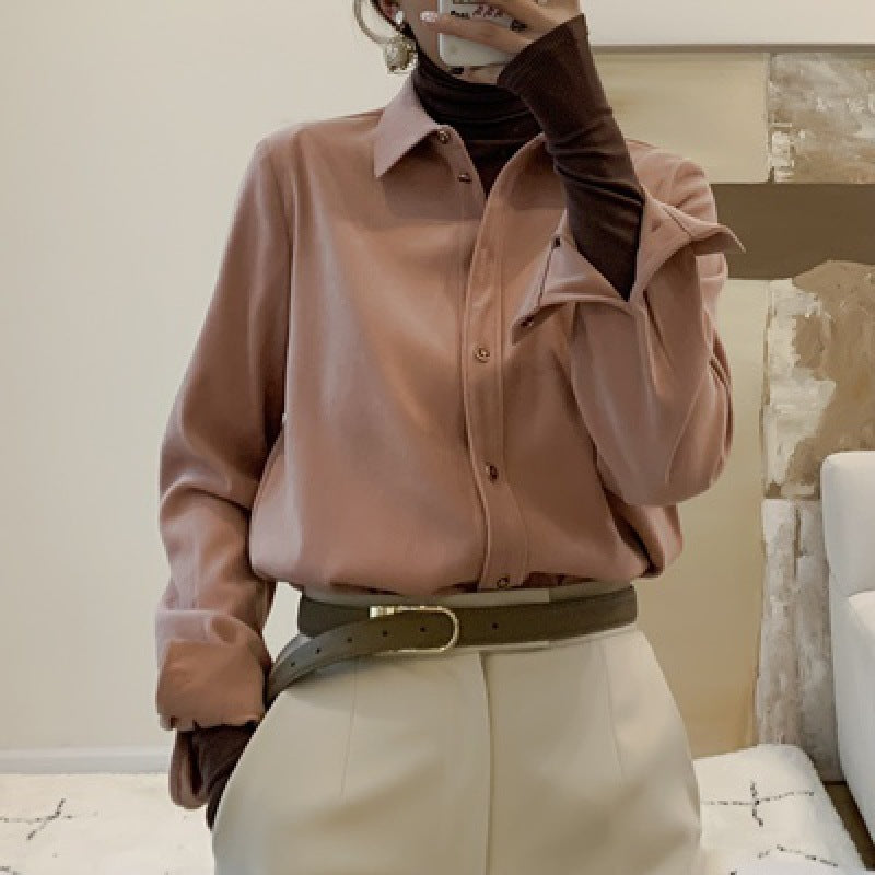 Stacked white shirt women's design sense niche Hong Kong style autumn and winter long-sleeved retro interior chic v-neck top