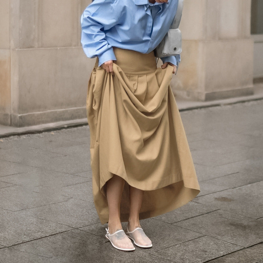 2025 Spring and summer classic retro fashion khaki casual high waist pleated commuting sexy skirt wholesale long skirt