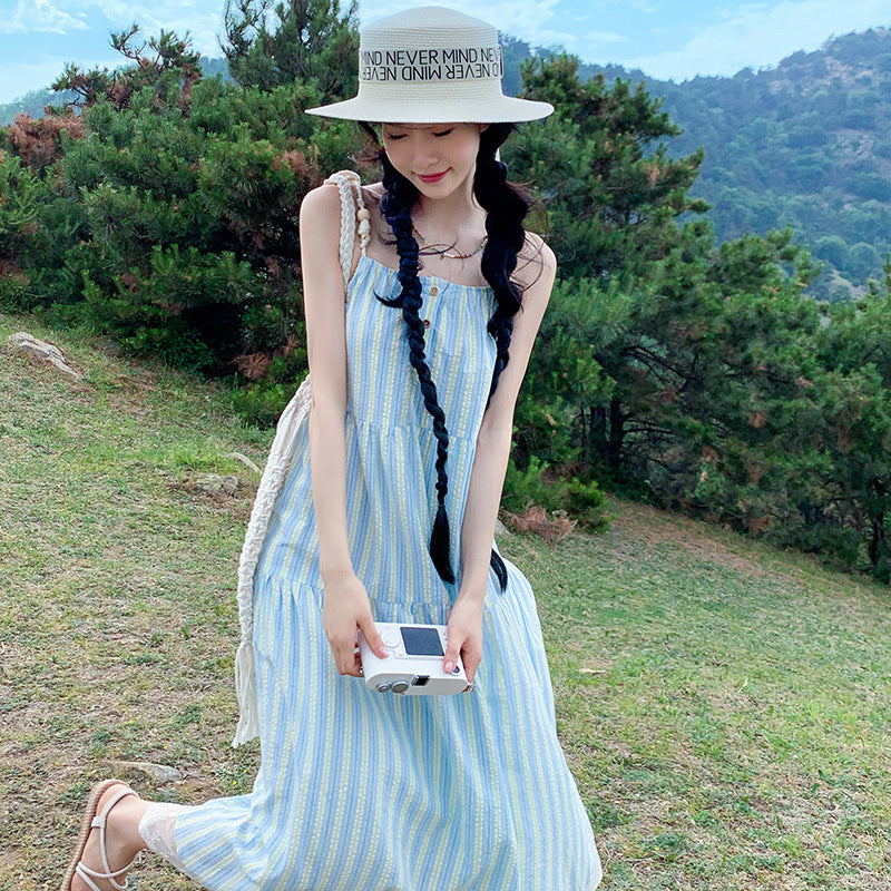 2025 Small blue striped suspender dress children's summer new Sanya seaside vacation beach dress