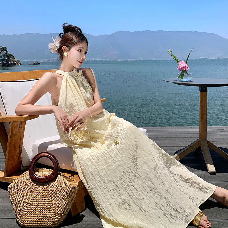 2025 retro three-dimensional petal vacation dress women's high-end pink flower niche neck off-the-shoulder long dress summer