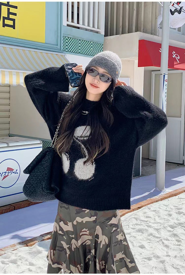 2025 Autumn and winter new mohair cherry jacquard lazy wind loose round neck long sleeve knitted sweater women's sweater top