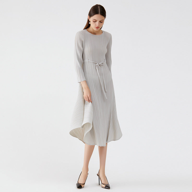 2025 spring new women's Korean version women's clothing solid color round neck dress fashion temperament slim pleated medium and long dress women