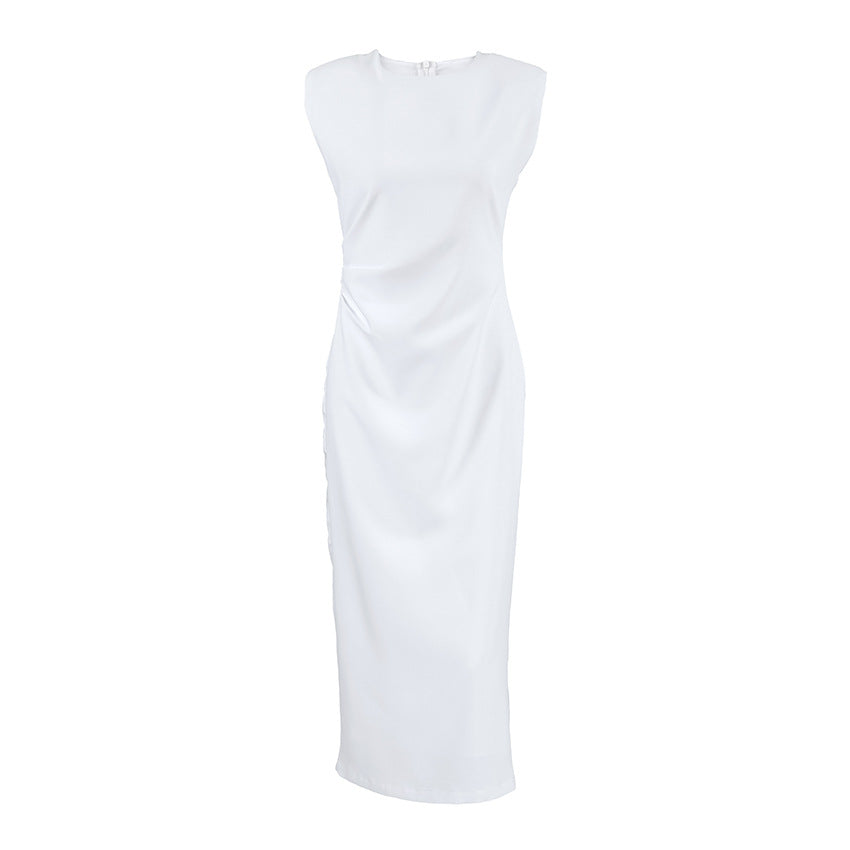 2025 classic temperament, white round neck slim-fitting sleeveless commuter split-ended dress, spring and summer fashion women's long dress