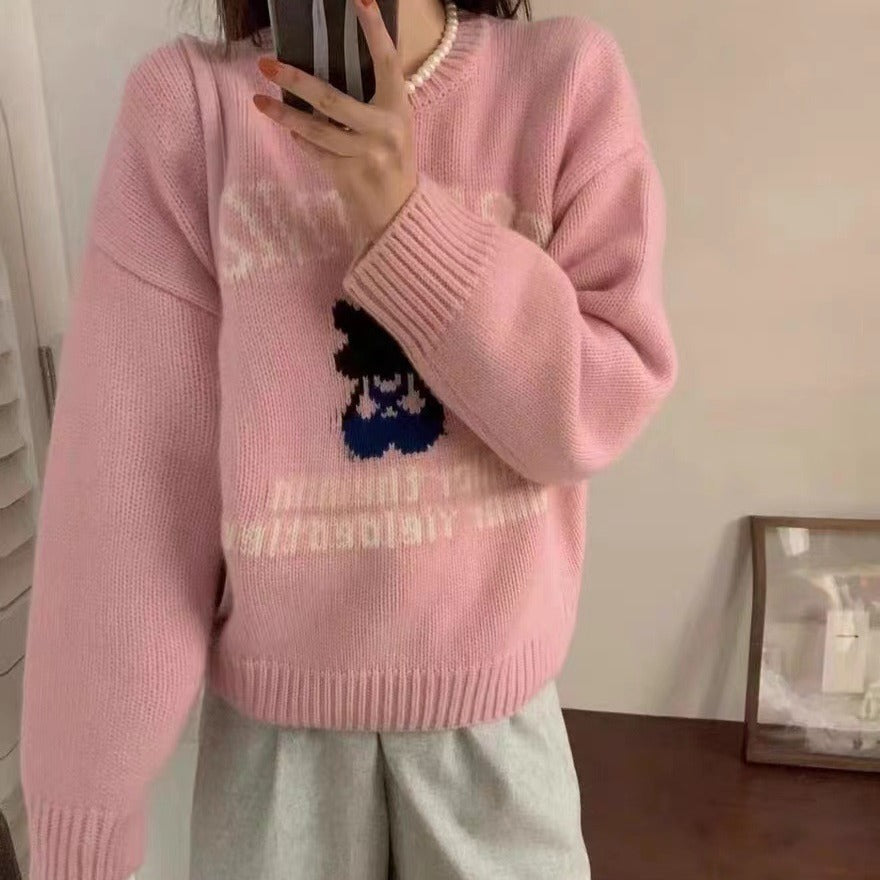 2025 Autumn and winter new wool-blend sweater bear jacquard round neck lazy wind pullover sweater sweet top 31599