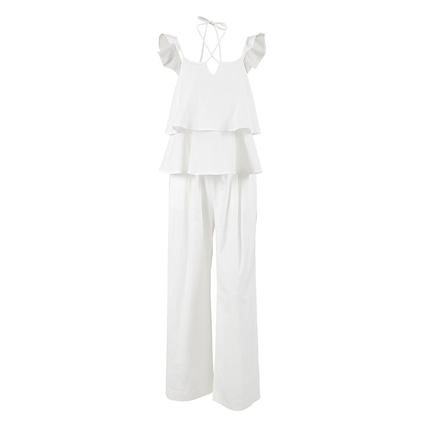 2025 spring and summer cotton and linen sexy V-neck flying sleeves backless lace-up top high waist loose casual trousers suit women