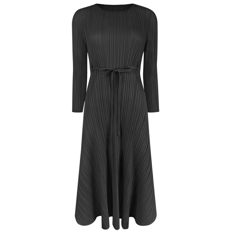2025 spring new women's Korean version women's clothing solid color round neck dress fashion temperament slim pleated medium and long dress women