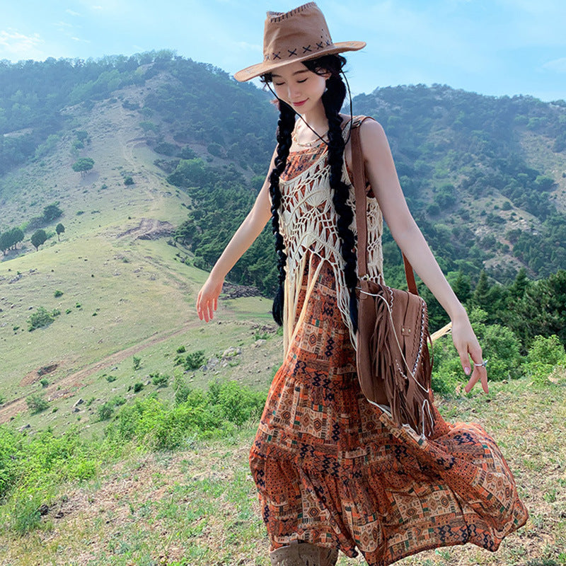 2025 Sanya seaside travel photo retro printing wear suspender dress beach strap waist dress women's summer