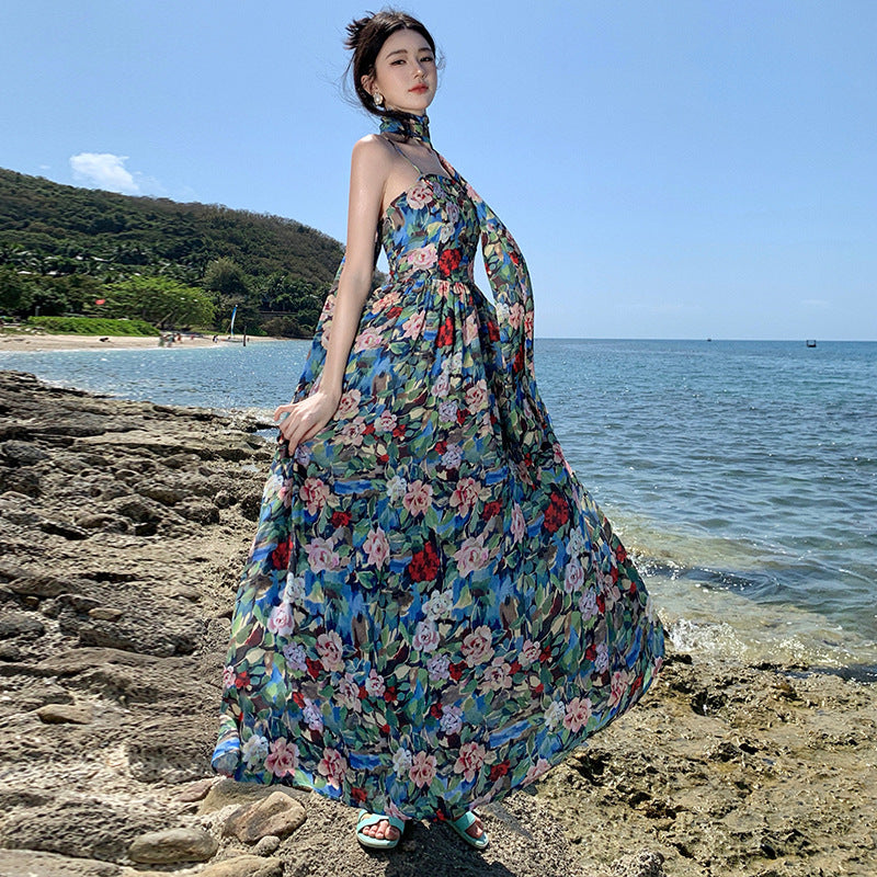 2025 Dopamine wears coffee break oil painting floral suspender dress women's summer waist seaside vacation long dress
