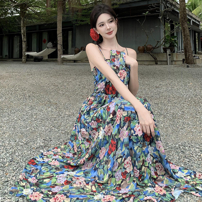 2025 Dopamine wears coffee break oil painting floral suspender dress women's summer waist seaside vacation long dress