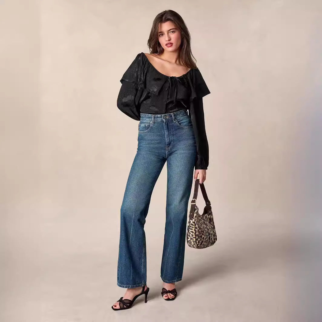 2025 Spring and summer 24 new silk dark pattern jacquard bubble sleeve shirt ruffle edge lapel top design sense
